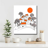 Paint by Numbers Art Illustration White Houses with Orange Roof and Black Trees